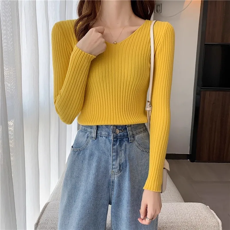 2026 Korean Autumn Winter V Neck Sweater Fashion Casual Long Sleeve Knitted Sweaters Solid Color Slim Pullovers Women Clothes