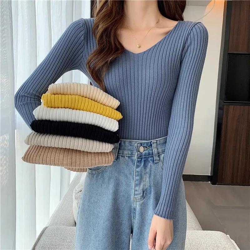 2026 Korean Autumn Winter V Neck Sweater Fashion Casual Long Sleeve Knitted Sweaters Solid Color Slim Pullovers Women Clothes
