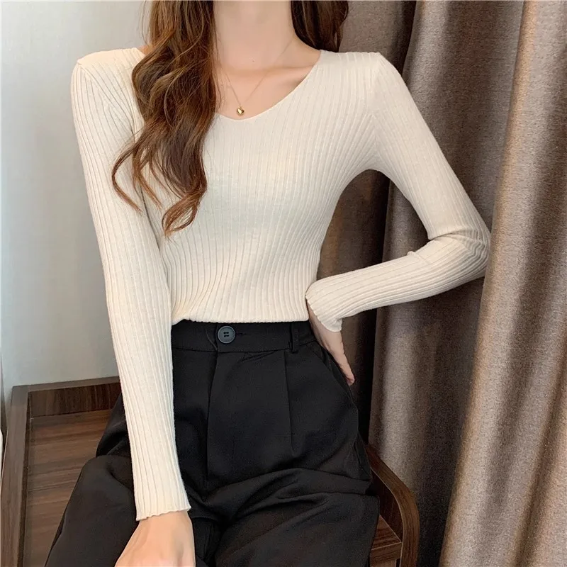 2026 Korean Autumn Winter V Neck Sweater Fashion Casual Long Sleeve Knitted Sweaters Solid Color Slim Pullovers Women Clothes