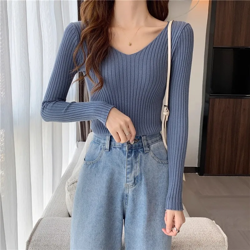 2026 Korean Autumn Winter V Neck Sweater Fashion Casual Long Sleeve Knitted Sweaters Solid Color Slim Pullovers Women Clothes