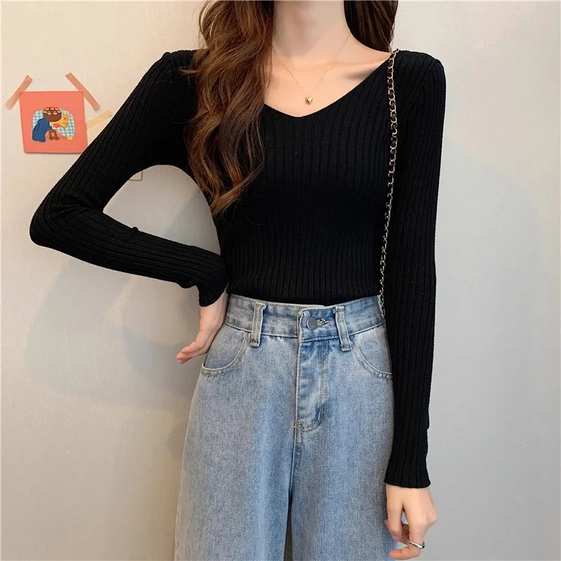 2026 Korean Autumn Winter V Neck Sweater Fashion Casual Long Sleeve Knitted Sweaters Solid Color Slim Pullovers Women Clothes