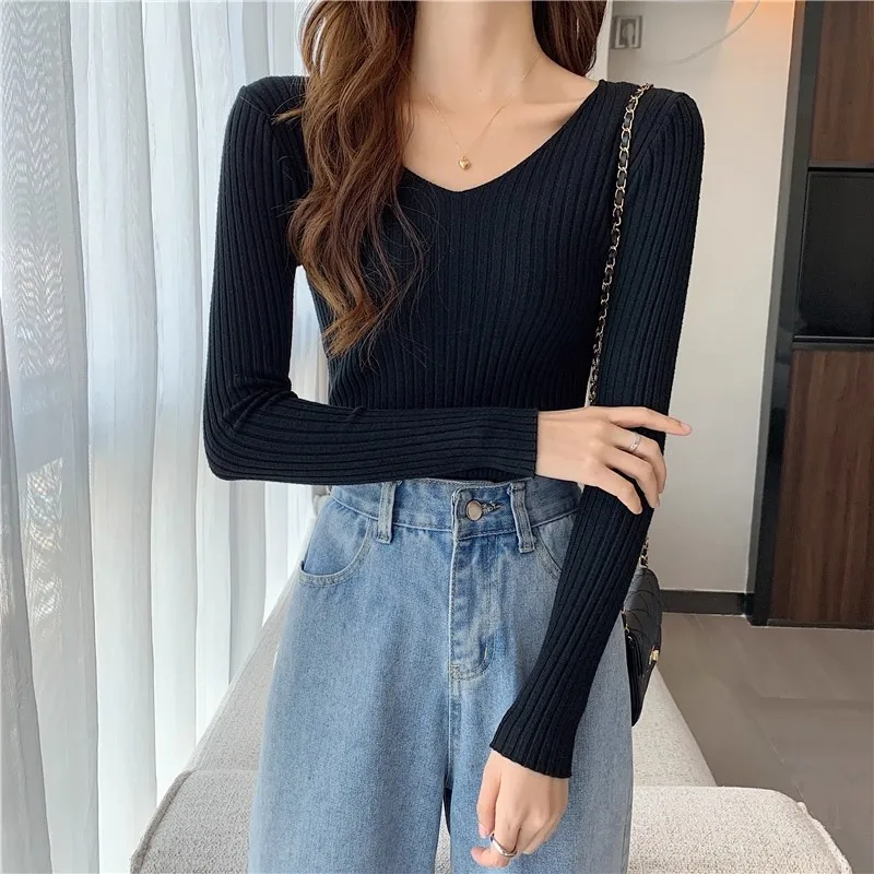2026 Korean Autumn Winter V Neck Sweater Fashion Casual Long Sleeve Knitted Sweaters Solid Color Slim Pullovers Women Clothes