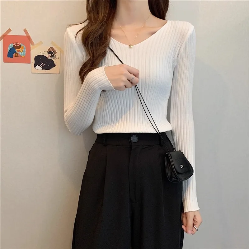 2026 Korean Autumn Winter V Neck Sweater Fashion Casual Long Sleeve Knitted Sweaters Solid Color Slim Pullovers Women Clothes