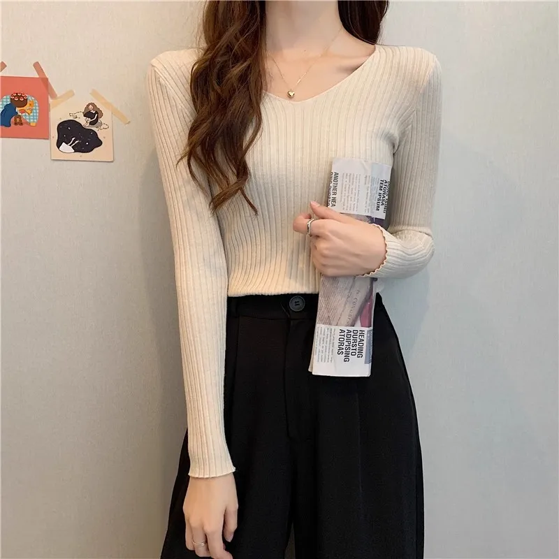 2026 Korean Autumn Winter V Neck Sweater Fashion Casual Long Sleeve Knitted Sweaters Solid Color Slim Pullovers Women Clothes