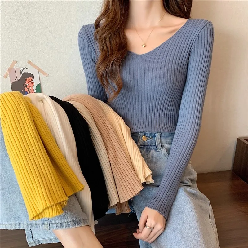 2026 Korean Autumn Winter V Neck Sweater Fashion Casual Long Sleeve Knitted Sweaters Solid Color Slim Pullovers Women Clothes