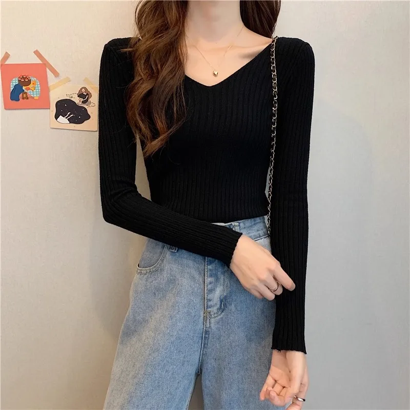 2026 Korean Autumn Winter V Neck Sweater Fashion Casual Long Sleeve Knitted Sweaters Solid Color Slim Pullovers Women Clothes