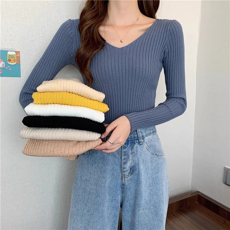 2026 Korean Autumn Winter V Neck Sweater Fashion Casual Long Sleeve Knitted Sweaters Solid Color Slim Pullovers Women Clothes