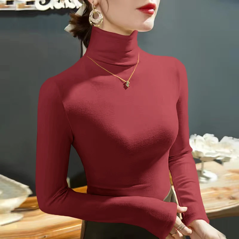 2025 Fashion Autumn Winter Female Turtleneck Fleece Stretch Shirt Women Long Sleeve T-shirt Warm Basic Pullover Bottoming Tops