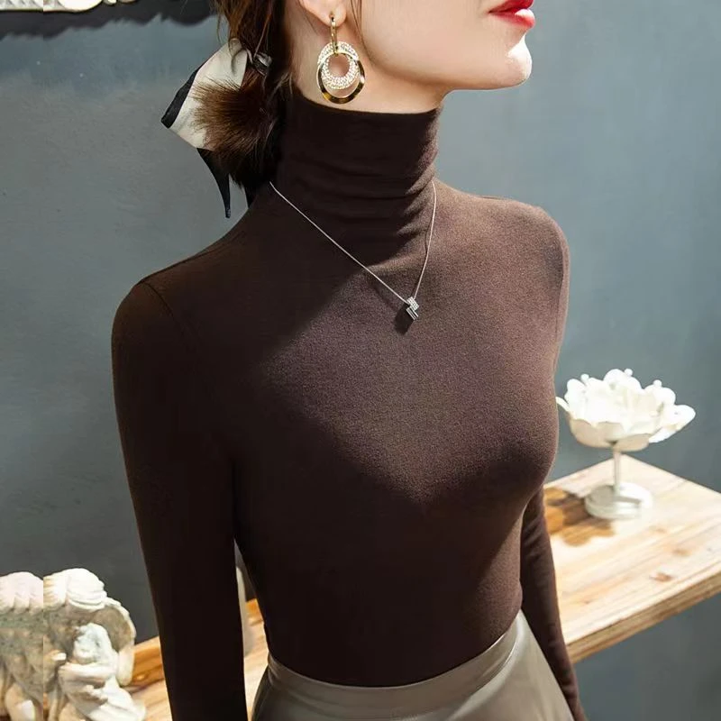 2025 Fashion Autumn Winter Female Turtleneck Fleece Stretch Shirt Women Long Sleeve T-shirt Warm Basic Pullover Bottoming Tops