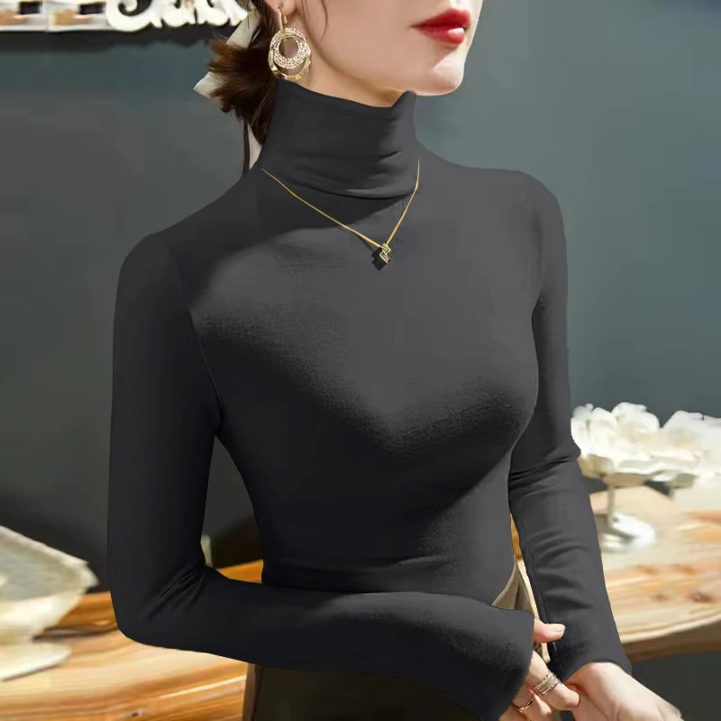 2025 Fashion Autumn Winter Female Turtleneck Fleece Stretch Shirt Women Long Sleeve T-shirt Warm Basic Pullover Bottoming Tops