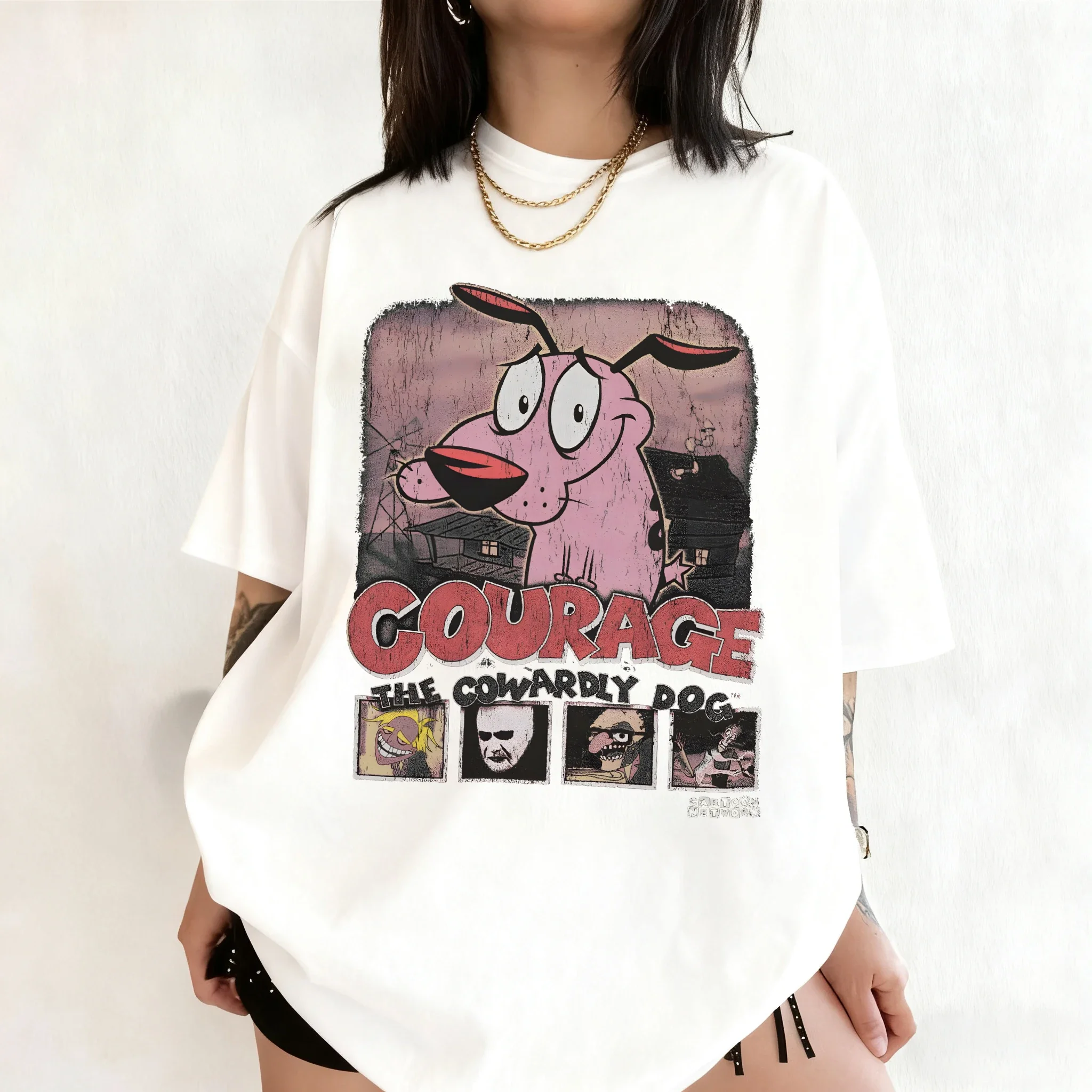 Vintage Courage The Cowardly Dog Cartoon Print Short Sleeve T-Shirt Retro Unisex Graphic Tee 90s Nostalgia Summer Streetwear Tee