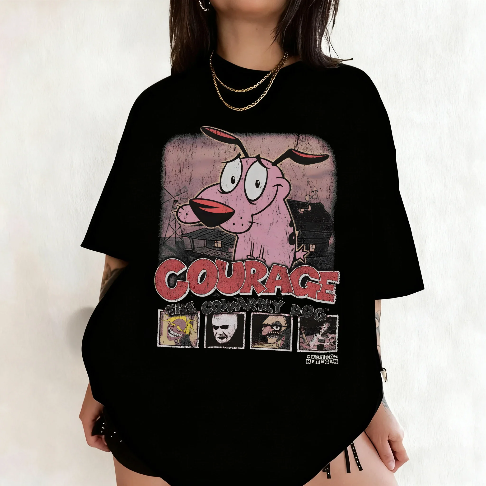 Vintage Courage The Cowardly Dog Cartoon Print Short Sleeve T-Shirt Retro Unisex Graphic Tee 90s Nostalgia Summer Streetwear Tee