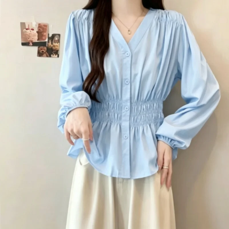 200 Pounds Plus Size Elastic Waist Office Lady Trend Shirt And Blouse Solid Color Top Women Clothing V-neck French Chic Basics