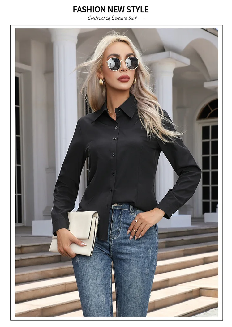 Women Elegant Solid Button Shirt Chiffon Blouse Spring Summer Casual Solid Long Sleeve Turn Down Collar Tunics OL Shirt Tops