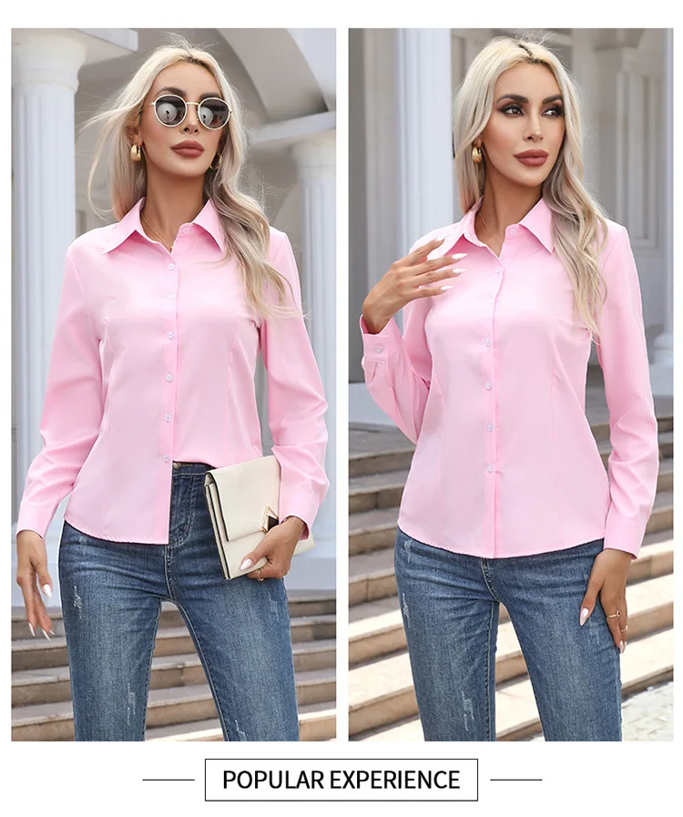 Women Elegant Solid Button Shirt Chiffon Blouse Spring Summer Casual Solid Long Sleeve Turn Down Collar Tunics OL Shirt Tops