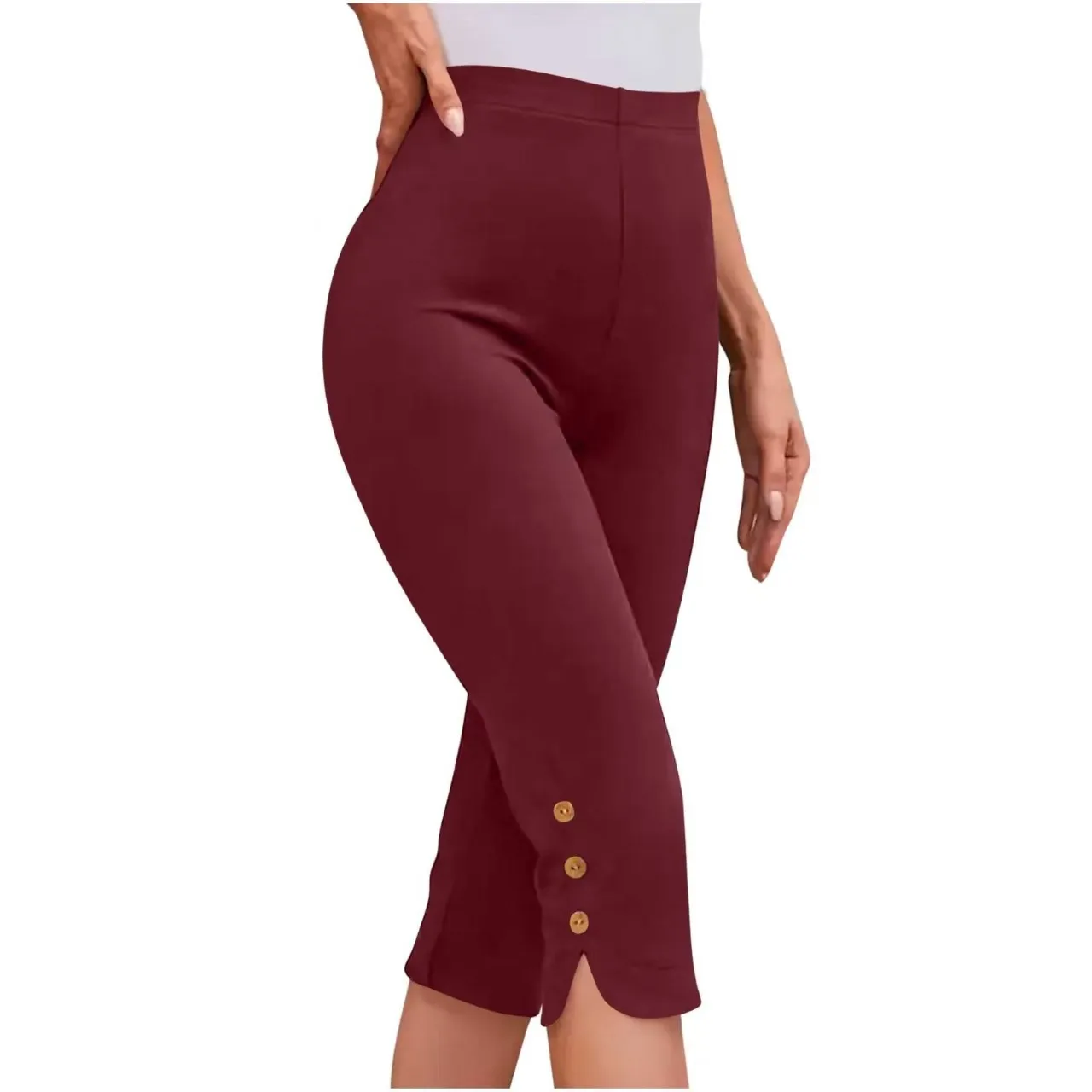 High-Waisted Elastic Seven-Foot Pants Women's Mid-Calf Trousers Base Layer Clothing with Button Detail