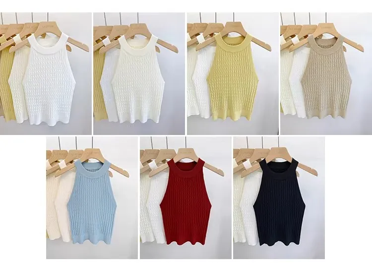 2026 Summer New Women's Knitted Halter Camisole Slim Fit Sleeveless Base Tank Tops Solid Color O-neck Outerwear Vests Crop Tops