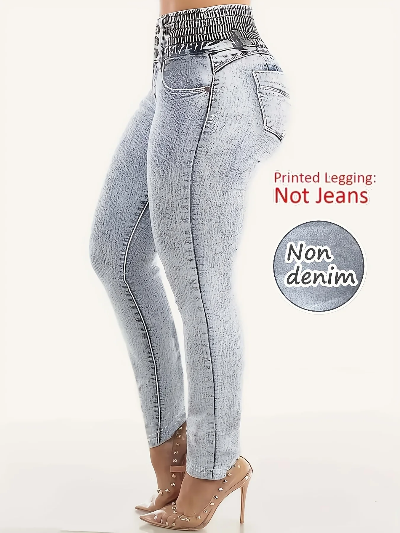Women's Imitation Denim Printed Leggings, Non-Denim Fabric Casual Skinny Pants, Outdoor Sports Yoga Pants