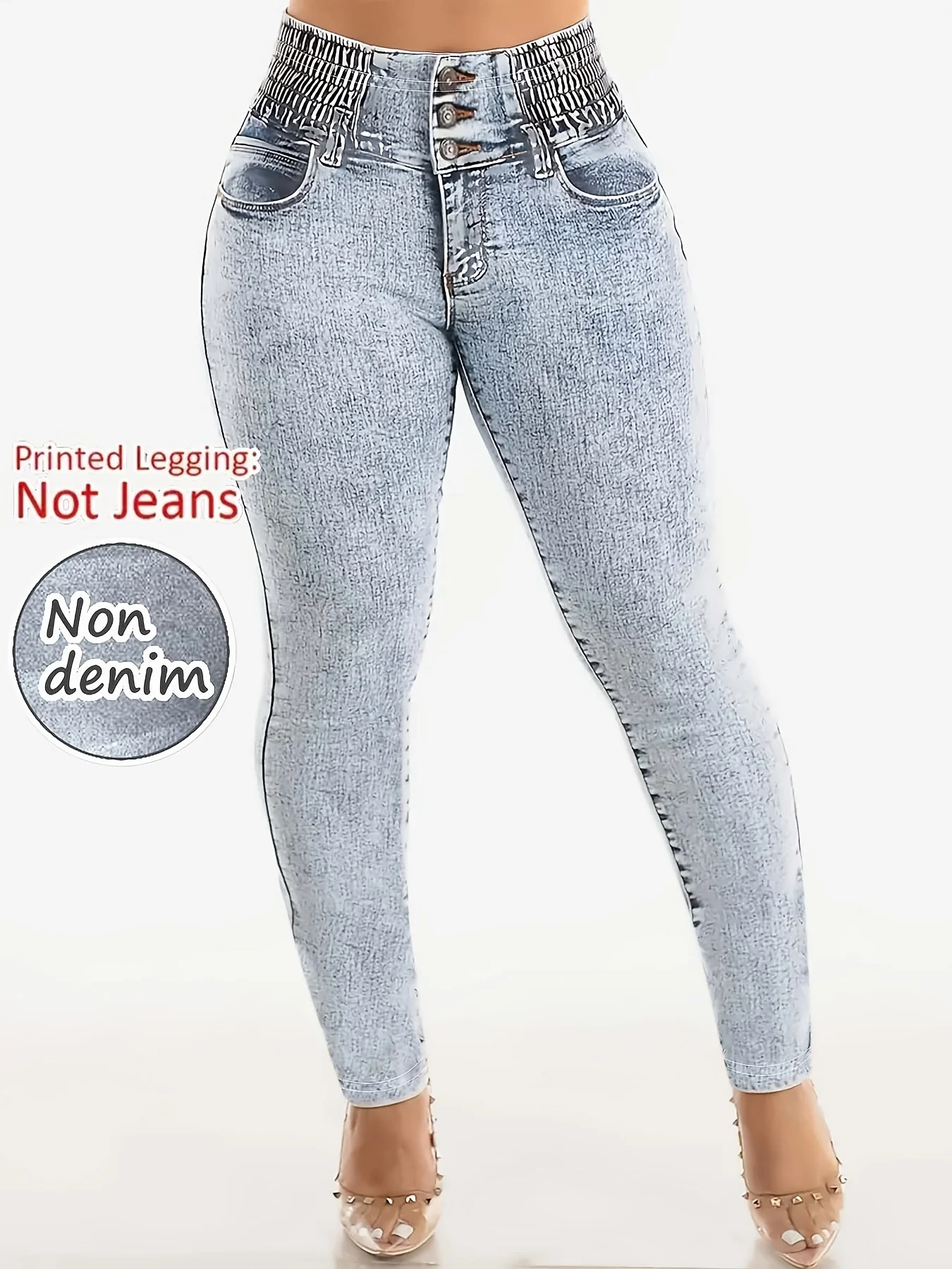 Women's Imitation Denim Printed Leggings, Non-Denim Fabric Casual Skinny Pants, Outdoor Sports Yoga Pants