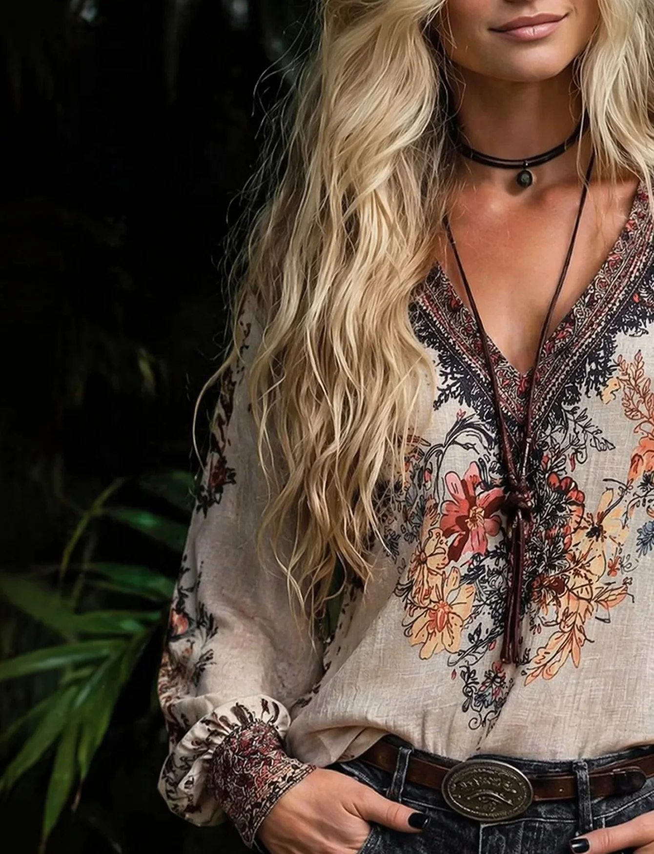 Plus-Size Women's Bohemian Style Printed V-Neck Long-Sleeve Shirt, Regular Fit Woven Fabric, Suitable for Autumn Wear