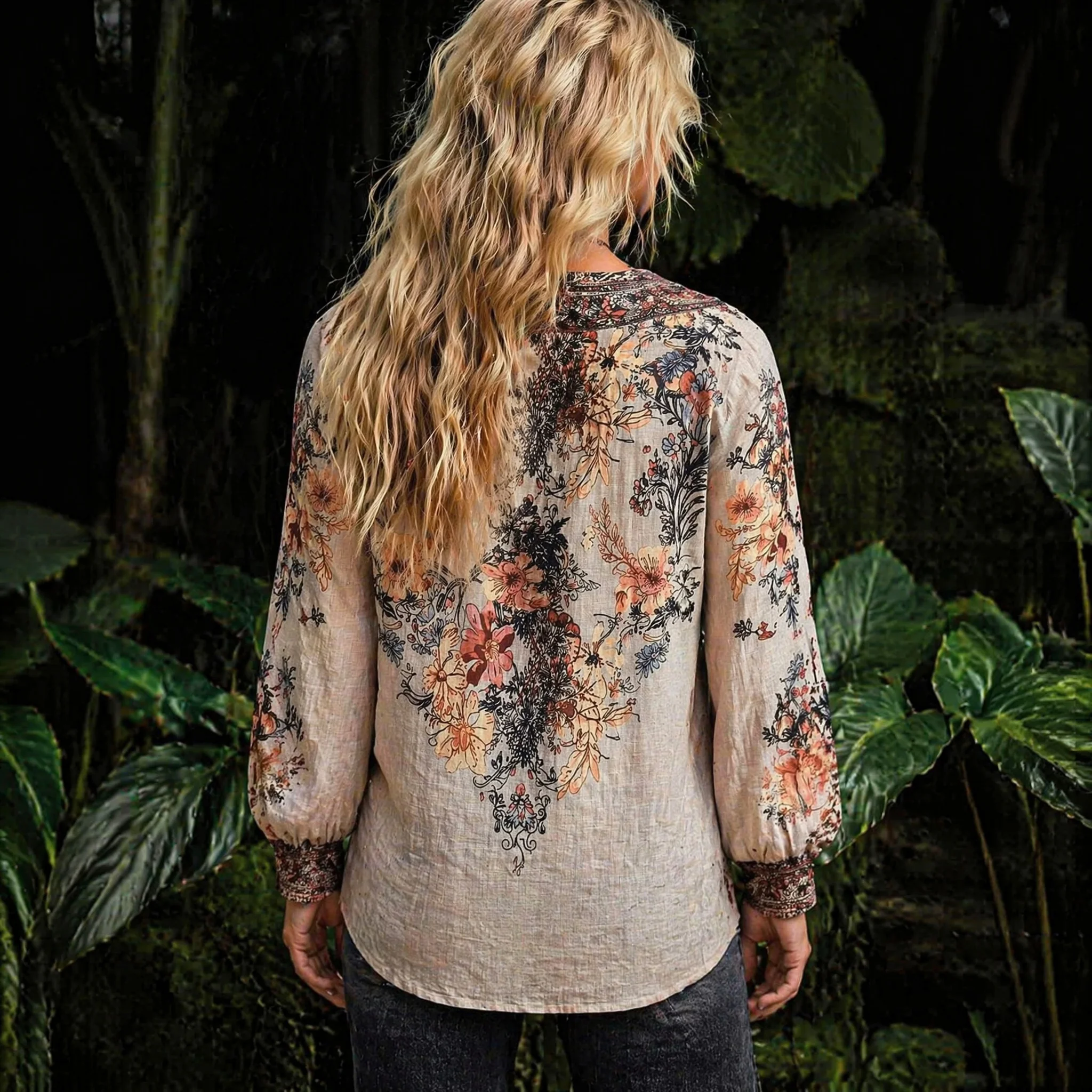 Plus-Size Women's Bohemian Style Printed V-Neck Long-Sleeve Shirt, Regular Fit Woven Fabric, Suitable for Autumn Wear