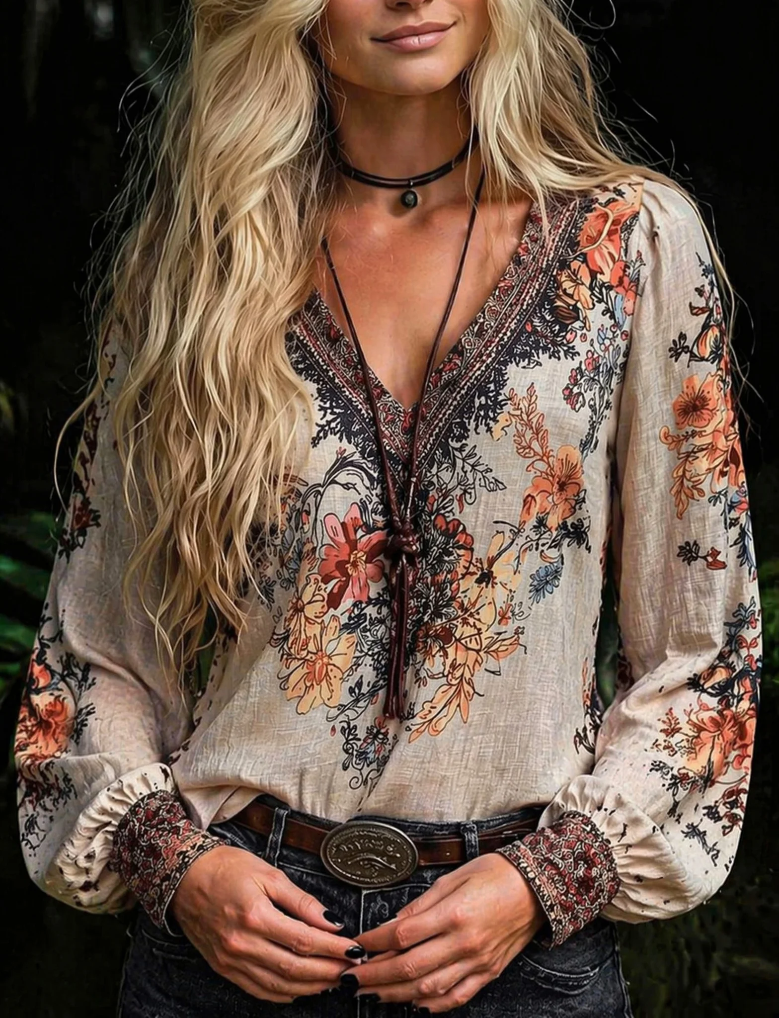 Plus-Size Women's Bohemian Style Printed V-Neck Long-Sleeve Shirt, Regular Fit Woven Fabric, Suitable for Autumn Wear