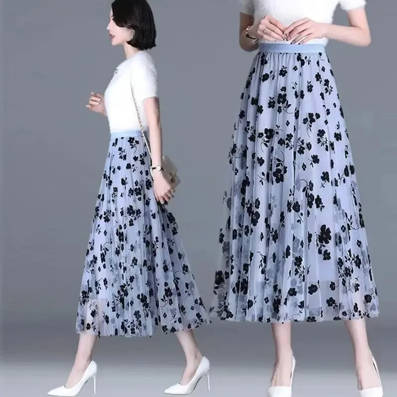 Gauze skirt floral half fairy skirt spring and summer new pleated A-line skirt in the long high waist thin gauze skirt