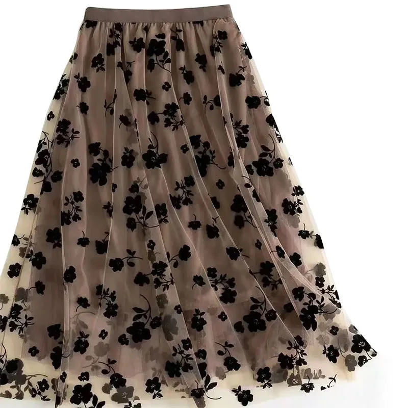 Gauze skirt floral half fairy skirt spring and summer new pleated A-line skirt in the long high waist thin gauze skirt
