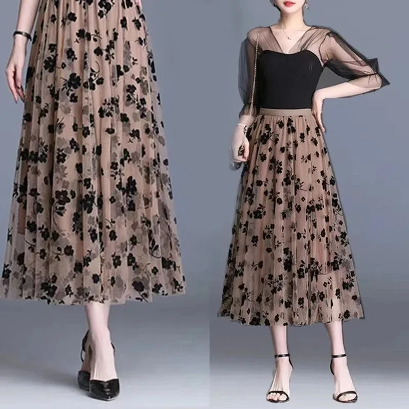 Gauze skirt floral half fairy skirt spring and summer new pleated A-line skirt in the long high waist thin gauze skirt
