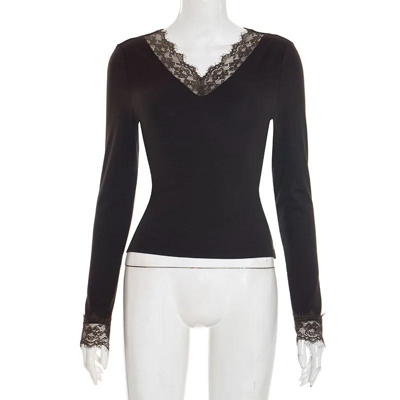 Women's V-neck Lace Splicing Top European American Style Casual Wear Autumn New Waist Exposed Fashionable Umbilical