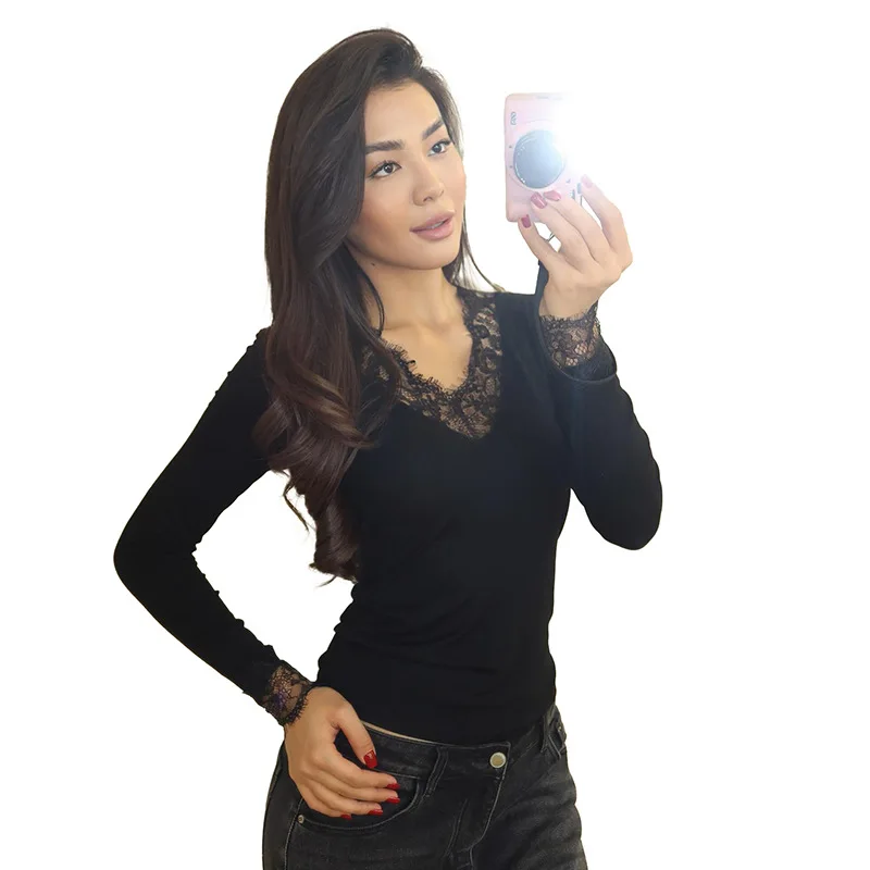 Women's V-neck Lace Splicing Top European American Style Casual Wear Autumn New Waist Exposed Fashionable Umbilical