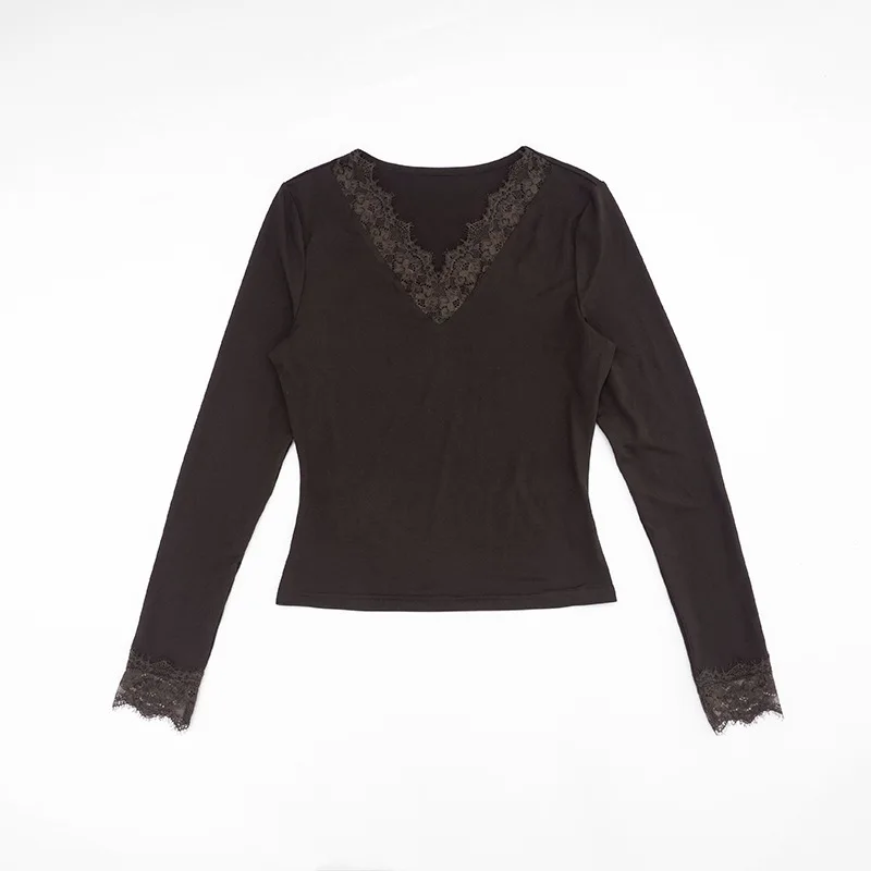 Women's V-neck Lace Splicing Top European American Style Casual Wear Autumn New Waist Exposed Fashionable Umbilical
