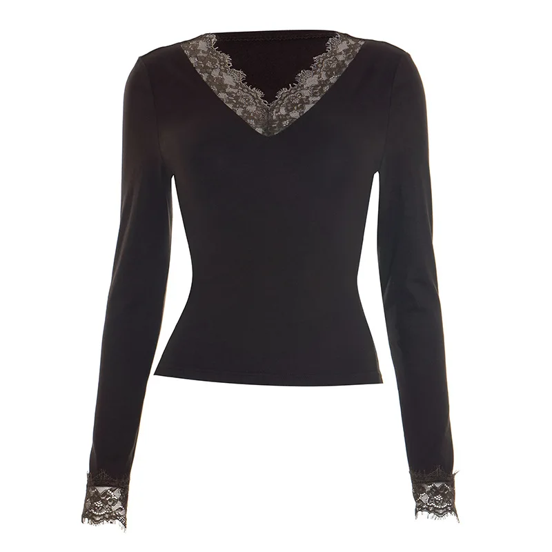 Women's V-neck Lace Splicing Top European American Style Casual Wear Autumn New Waist Exposed Fashionable Umbilical