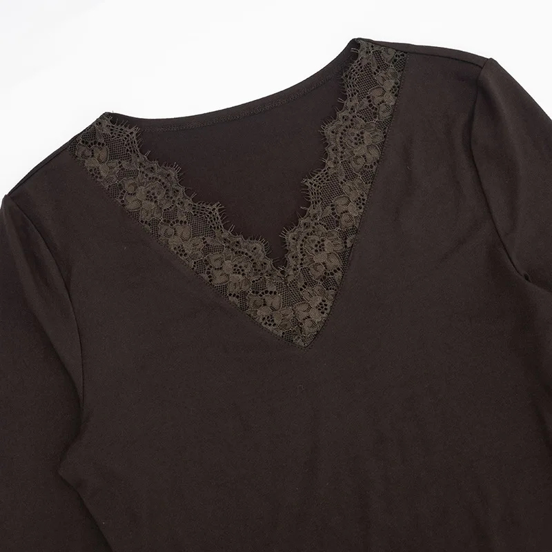 Women's V-neck Lace Splicing Top European American Style Casual Wear Autumn New Waist Exposed Fashionable Umbilical