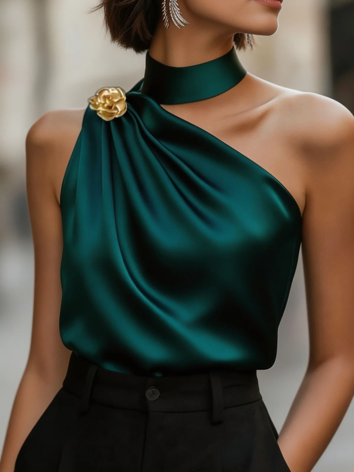 Chic Halter One Shoulder Satin Draped Dark Green Blouse, Sleeveless Top For Party & Office Women