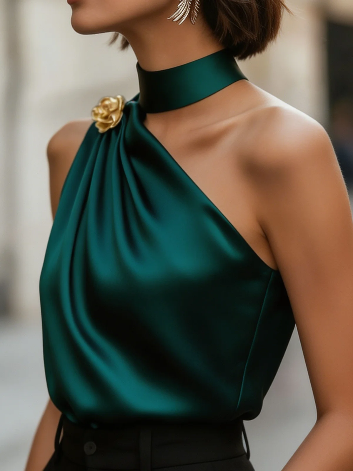 Chic Halter One Shoulder Satin Draped Dark Green Blouse, Sleeveless Top For Party & Office Women