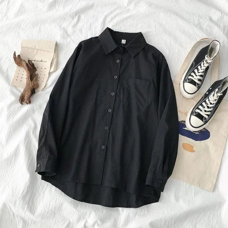 Japanese Style Loose Long Sleeve White Shirts Women Preppy Style Pocket Turn Down Collar Shirt Woman Harajuku Oversized Blouse