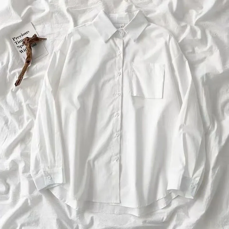 Japanese Style Loose Long Sleeve White Shirts Women Preppy Style Pocket Turn Down Collar Shirt Woman Harajuku Oversized Blouse