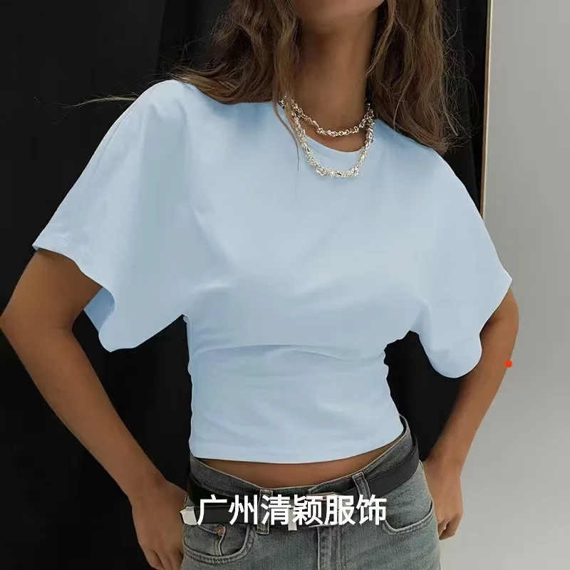 Women's T-shirts Crew Neck Ruched Waist Slim Fit Solid Color Casual Cropped Tee Summer Streetwear Basic Daily Wear Top