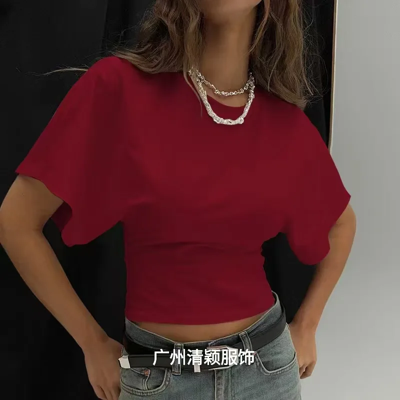 Women's T-shirts Crew Neck Ruched Waist Slim Fit Solid Color Casual Cropped Tee Summer Streetwear Basic Daily Wear Top