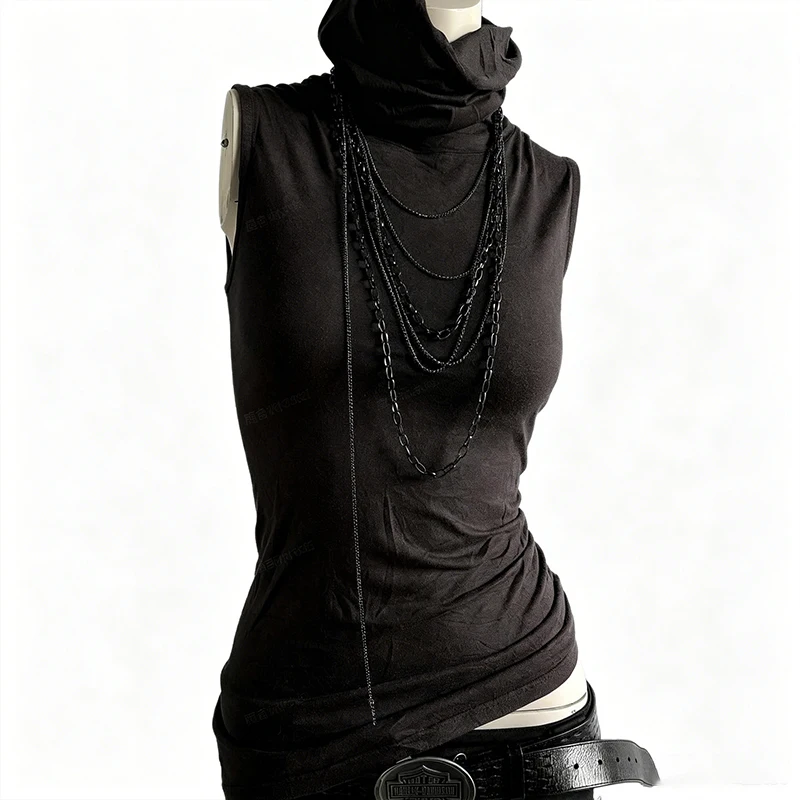 Harajuku style retro high neck sleeveless slim fit design, spicy girl niche versatile vest top can be worn outside