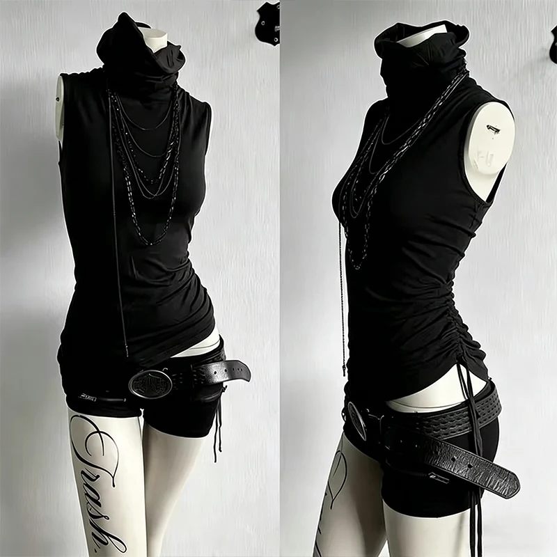 Harajuku style retro high neck sleeveless slim fit design, spicy girl niche versatile vest top can be worn outside