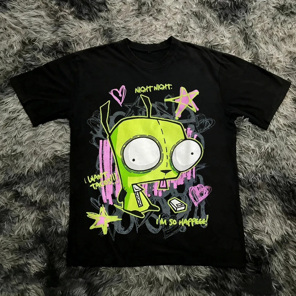 Vintage Invader Zim Cartoon Print Short Sleeve T-Shirt Retro Unisex Graphic Tee 90s Nostalgia Summer Streetwear Y2K Tee Top