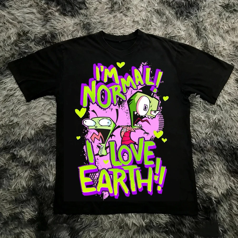 Vintage Invader Zim Cartoon Print Short Sleeve T-Shirt Retro Unisex Graphic Tee 90s Nostalgia Summer Streetwear Y2K Tee Top