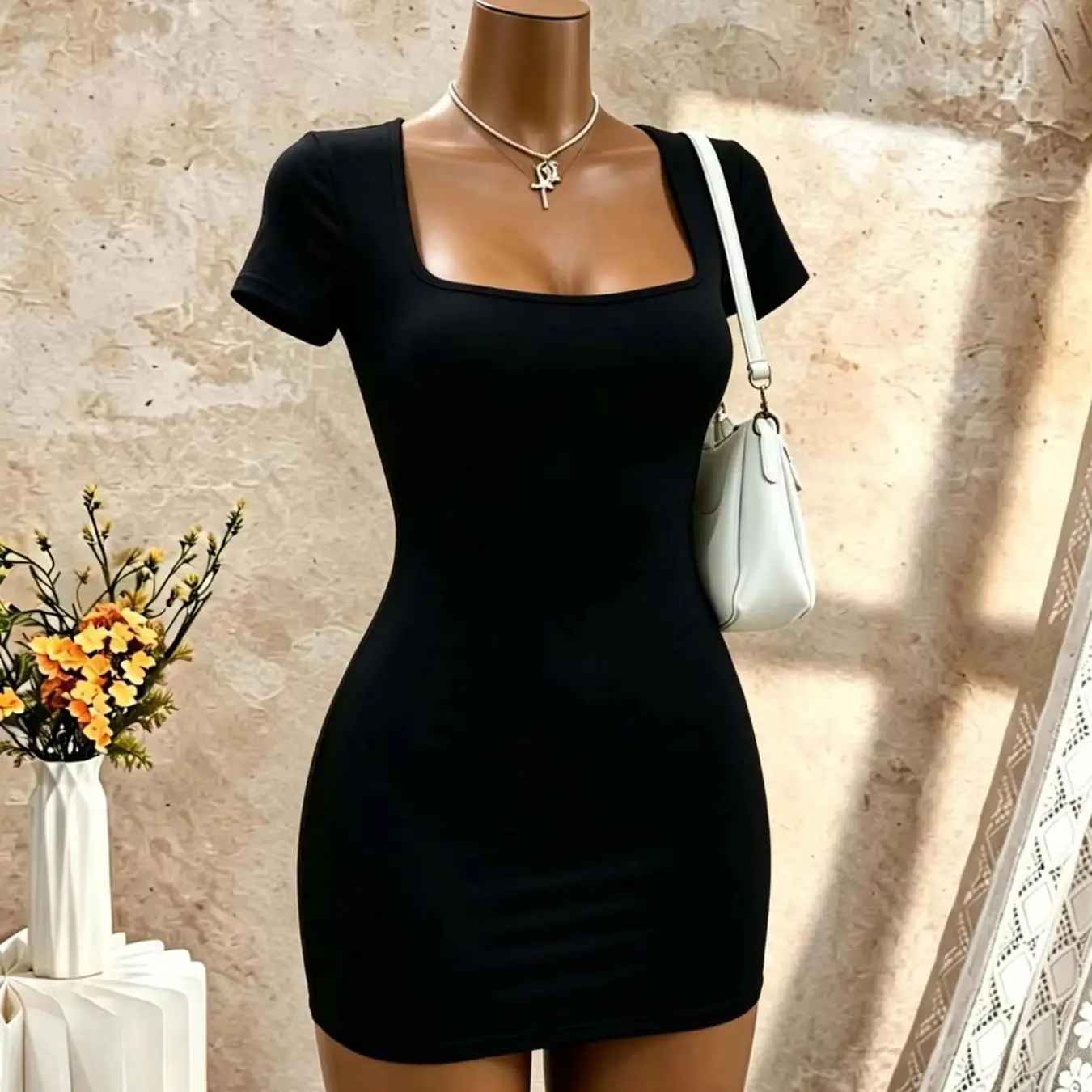 Women Square Neck Short Sleeve Bodycon Mini Dress Solid Black Slim Fit Pencil Club Party Night Out Tight Short Dresses