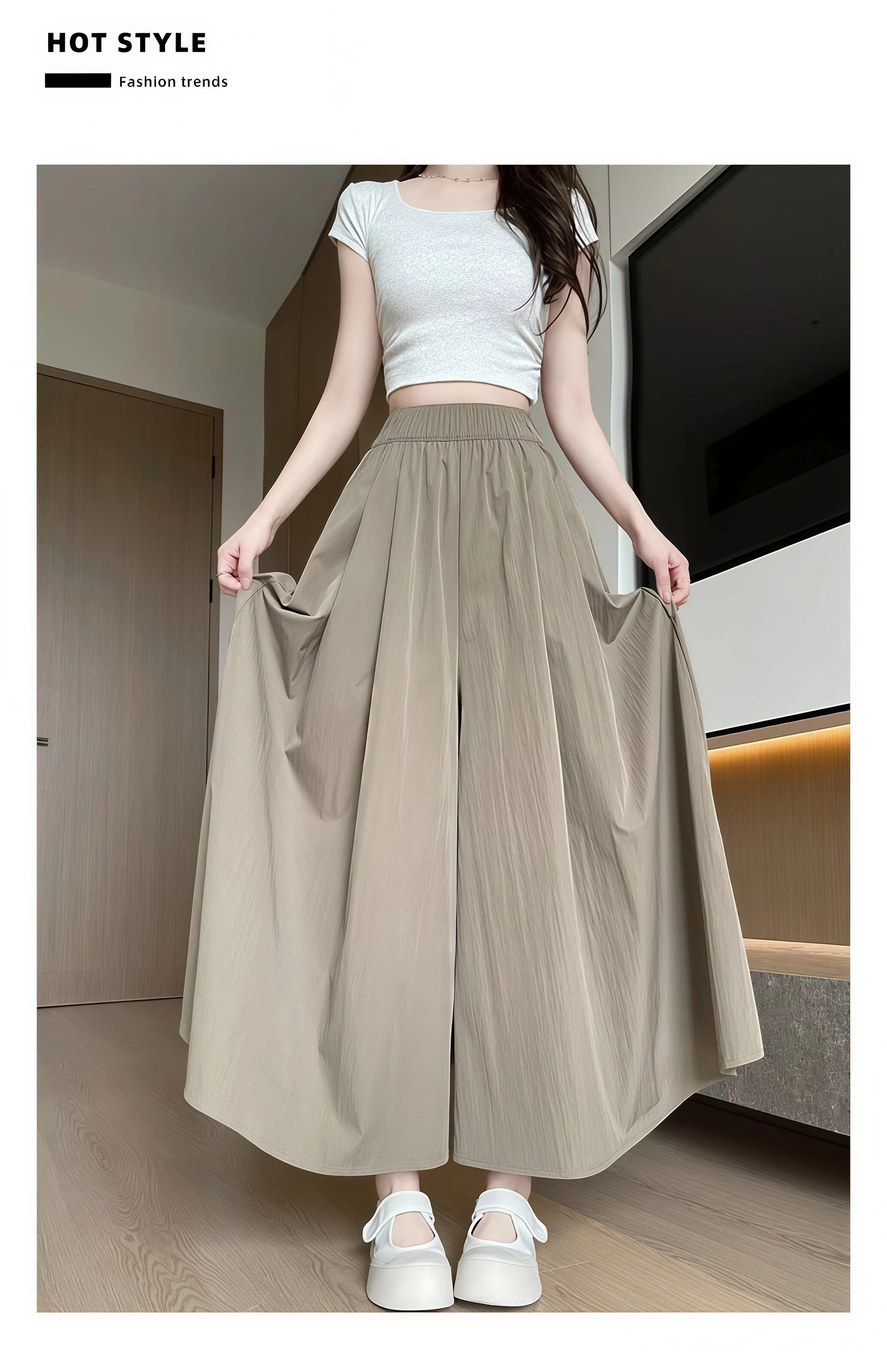 Women Summer Ice Silk Skirt Pants High Waist Elastic Pleated Wide Leg Pants Loose Flowy Lightweight Casual Long Palazzo Trousers