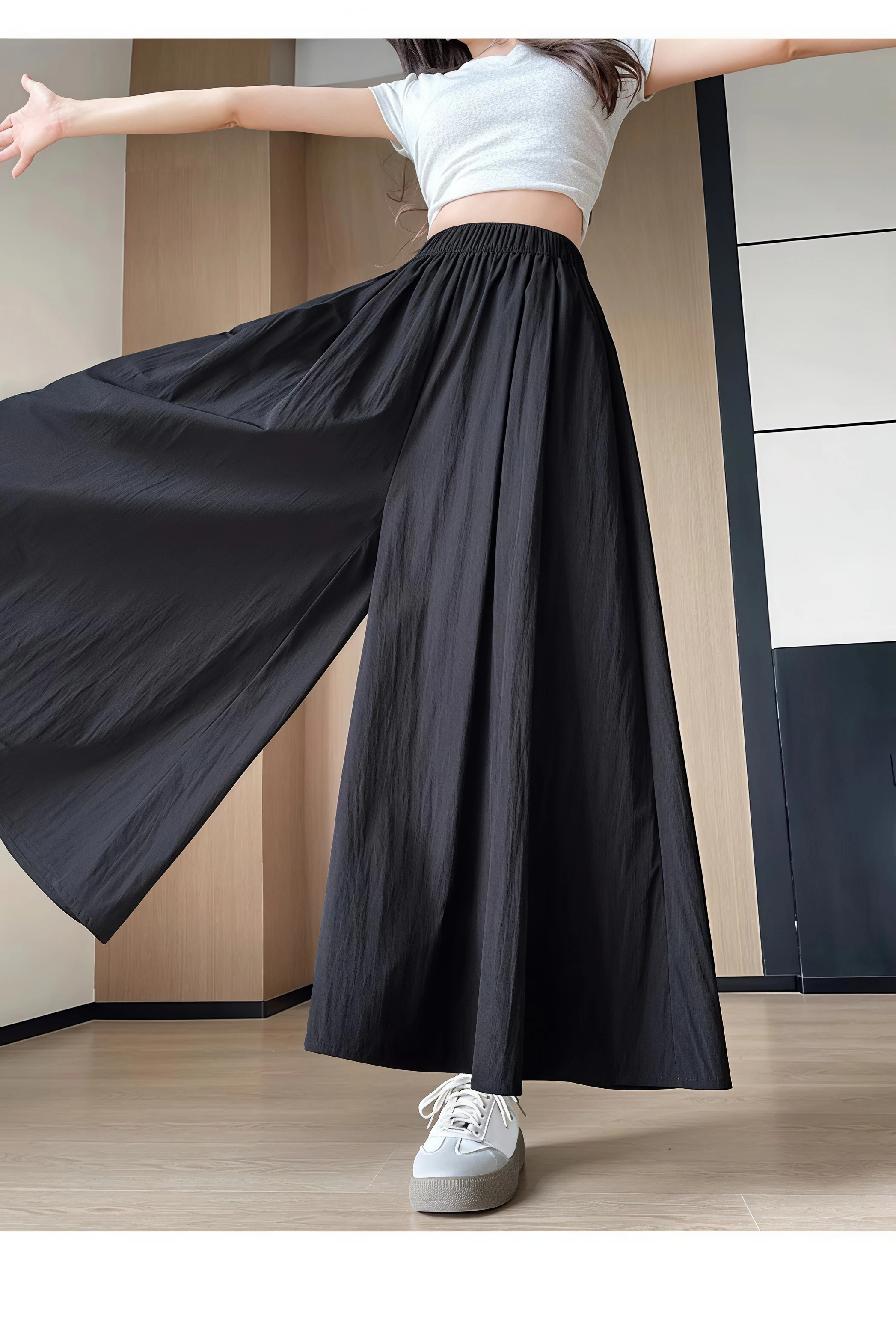 Women Summer Ice Silk Skirt Pants High Waist Elastic Pleated Wide Leg Pants Loose Flowy Lightweight Casual Long Palazzo Trousers