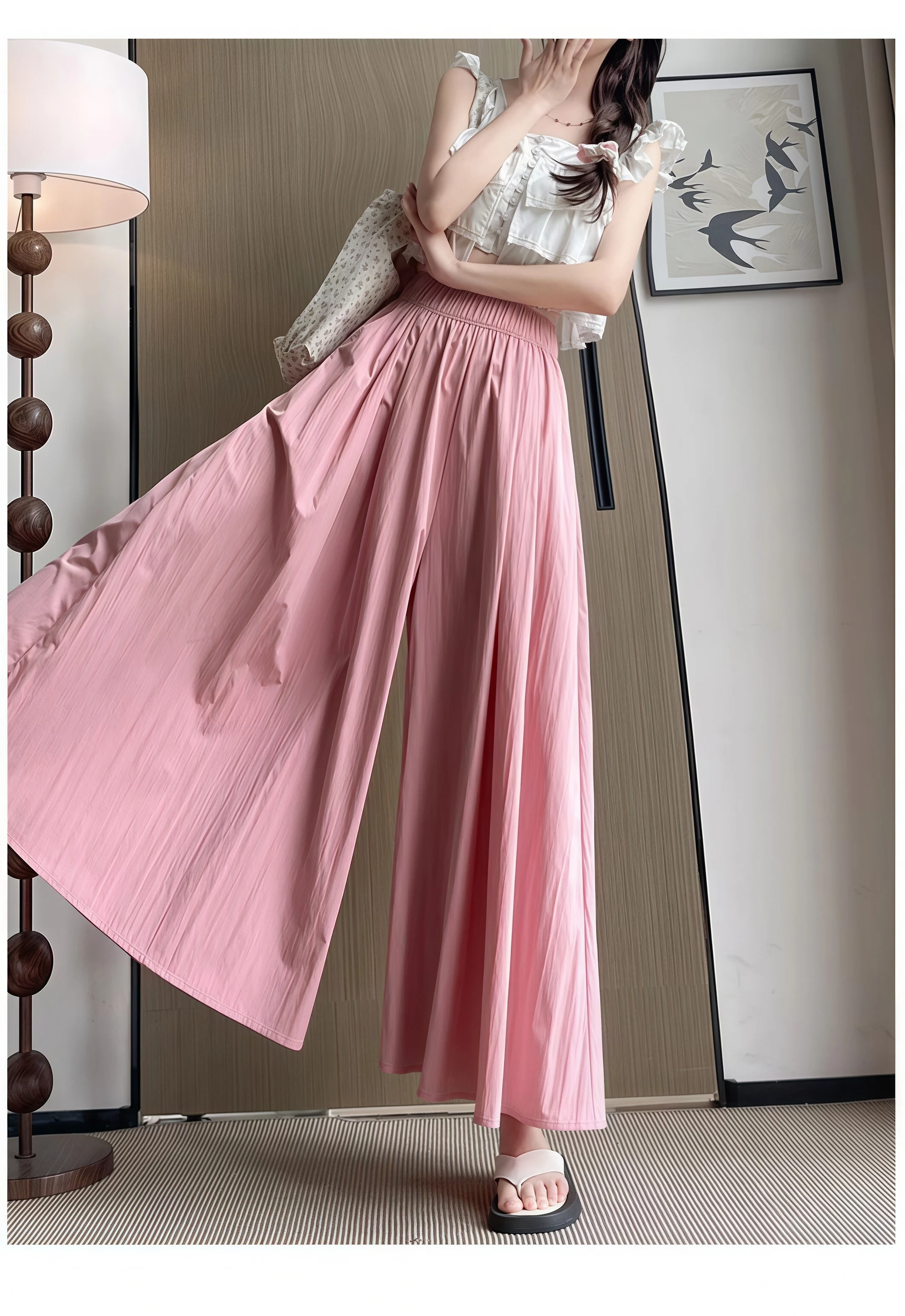 Women Summer Ice Silk Skirt Pants High Waist Elastic Pleated Wide Leg Pants Loose Flowy Lightweight Casual Long Palazzo Trousers