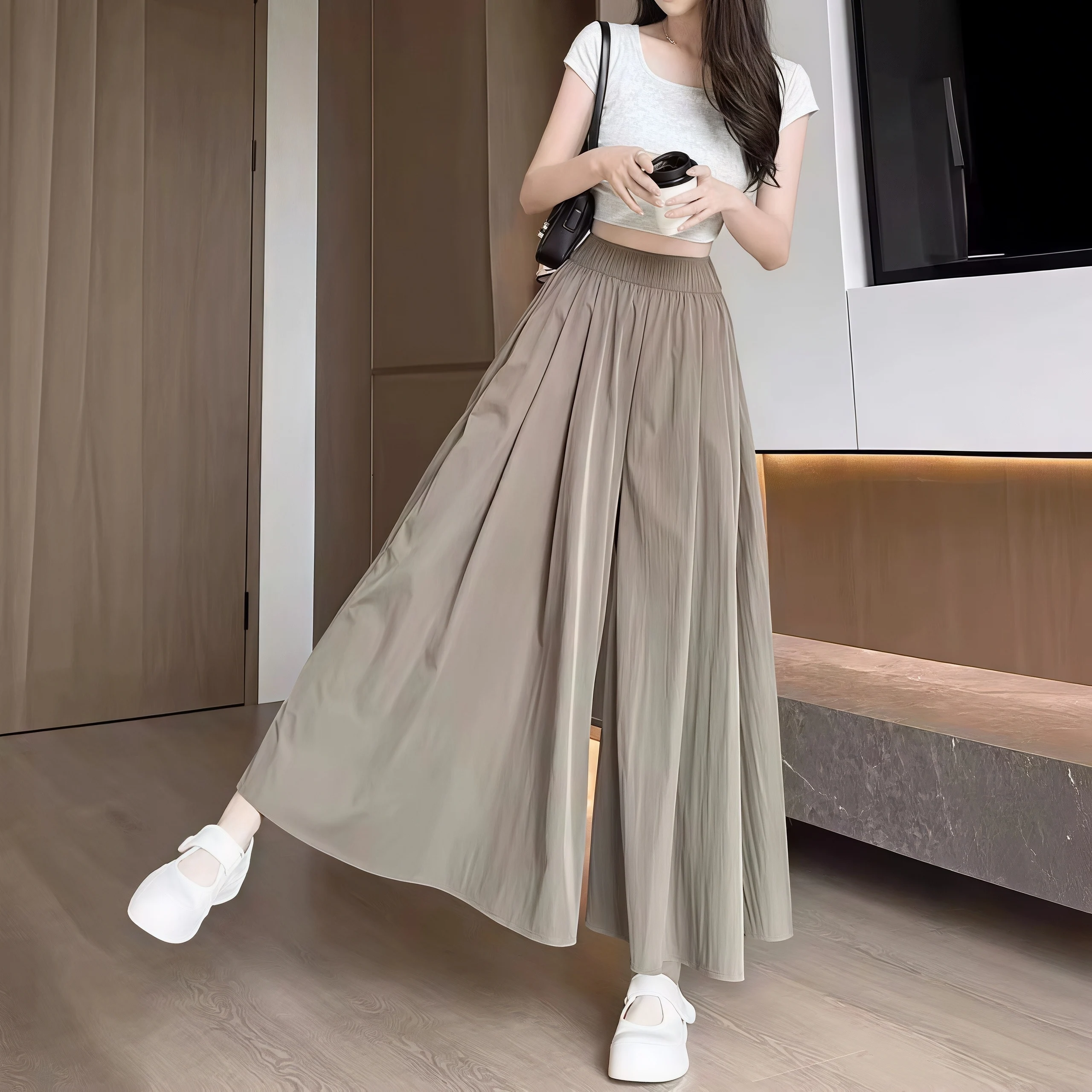 Women Summer Ice Silk Skirt Pants High Waist Elastic Pleated Wide Leg Pants Loose Flowy Lightweight Casual Long Palazzo Trousers
