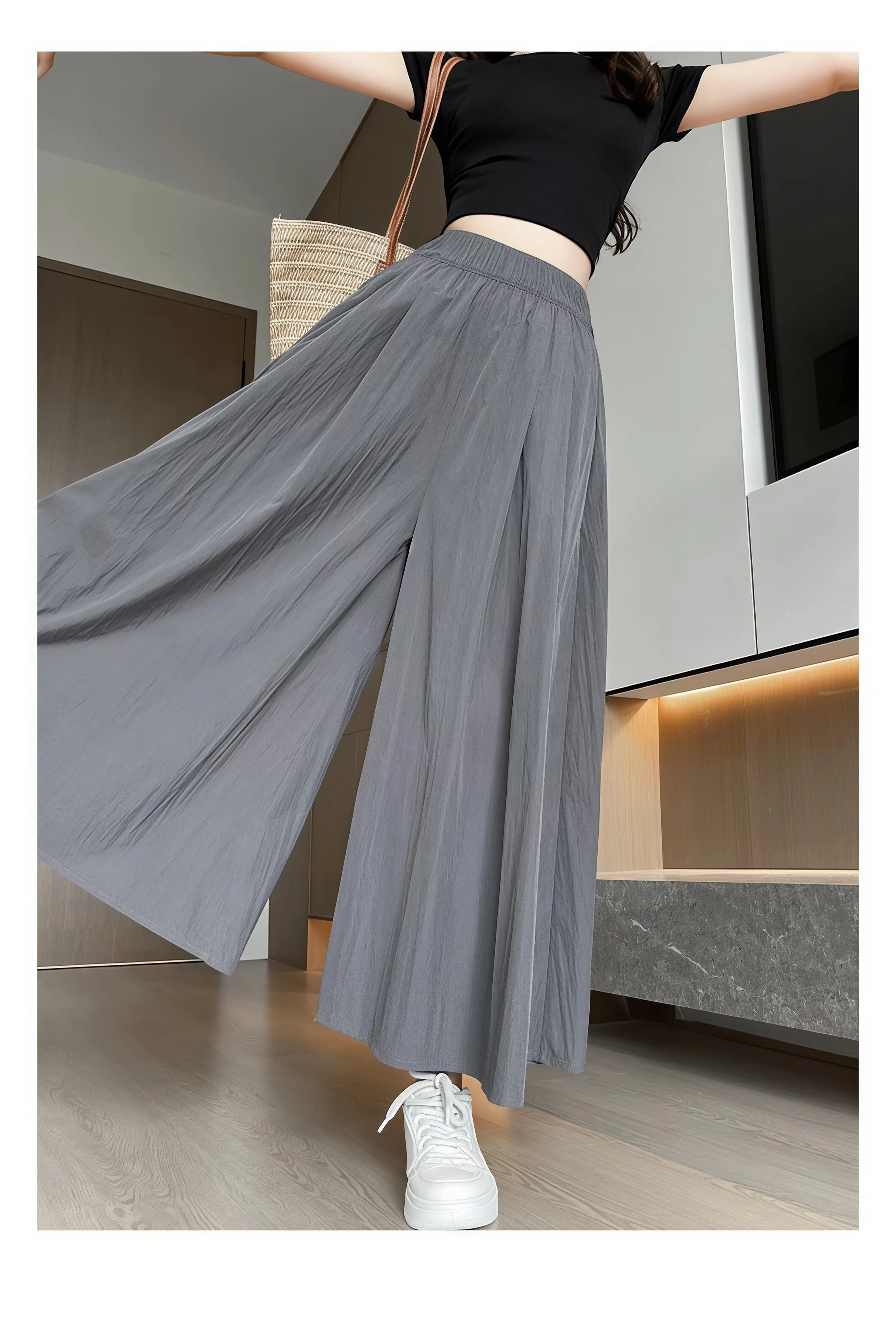 Women Summer Ice Silk Skirt Pants High Waist Elastic Pleated Wide Leg Pants Loose Flowy Lightweight Casual Long Palazzo Trousers